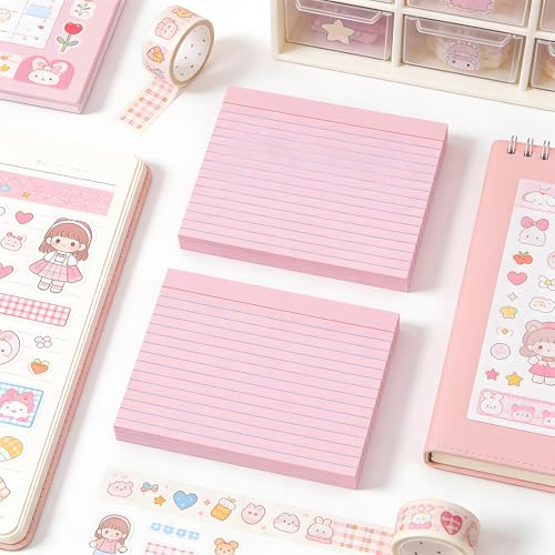 5x7 Flash Cards for Studying, 100 Pack Heavy 160GSM Pink Index Cards — College Ruled & Blank Back, Thick Note Cards with Binder Ring for Nursing School, MCAT & Bar Exam Prep - color: Pink