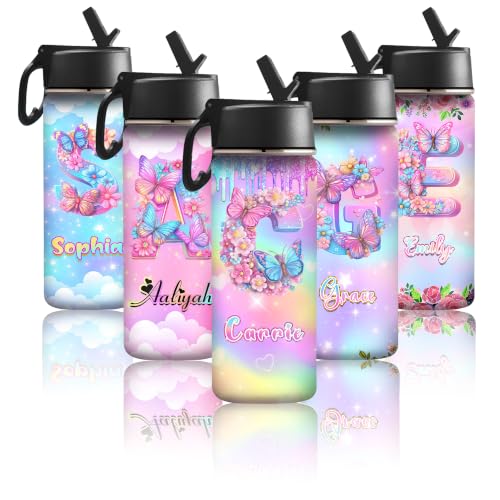 Personalized Water Bottles for Kid for School With Name Butterfly Letter Custom Insulated Stainless Steel Sports Water Bottle with Straw and Handle for Girls and Boys Straw Lid Back to School Gift - color: New Color 26