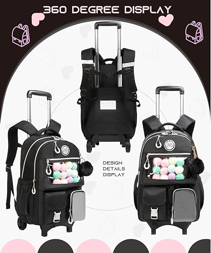 Rolling Backpack for Girls Kids Backpack with Wheels Backpacks for Elementary with Lunch Box Pencil Case Trolley (Black1) - color: Black