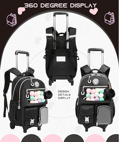Rolling Backpack for Girls Kids Backpack with Wheels Backpacks for Elementary with Lunch Box Pencil Case Trolley (Black1) - color: Black