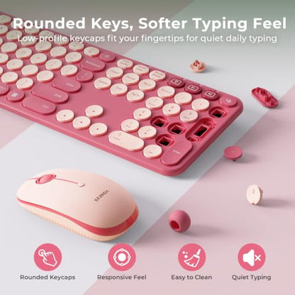 seenda Wireless Bluetooth Keyboard Mouse Combo, COE202 Retro Cute Round Keyboard, Silent Mouse, 3 Multi-Device Connection, Full Size Compatible for PC/Laptop/Mac/MacBook/iPad/Tablet, Pink - color: Pink