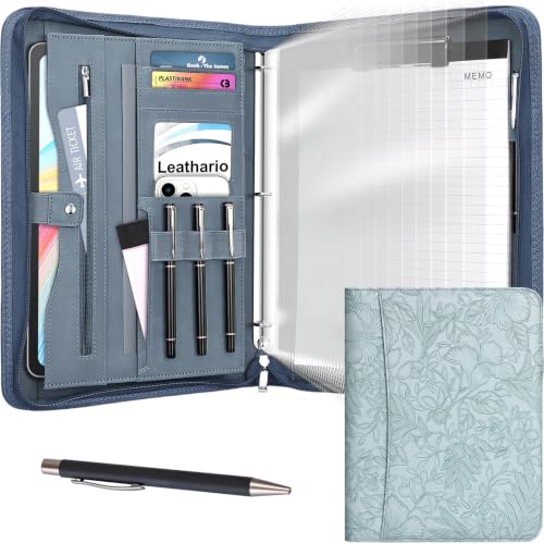 Leathario Portfolio Binder, Padfolio Organizer, 3 Ring Binder with Zipper | Includes Pen and 10 Sheet Protectors, Fits 13 in Tablet, Vegan Leather, for Business Resume Office Professional Men and Women - color: Blue-bz