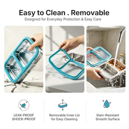 Leak-Resistant 18/8 Stainless Steel Bento Lunch Box Kids 7+ and Adults | 2 Swappable Style Accessories, BPA-Free Tritan Lid, Dishwasher Safe, School, Office & Travel - color: Cyan