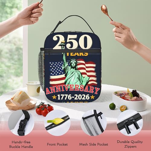 Insulated 250 Anniversary USA Patriotic Lunch Bag, Reusable Cooler Tote with Handle - color: 250 Anniversary USA