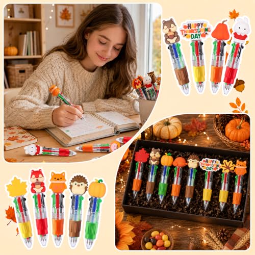 Vellibring 48Pcs Thanksgiving Fun Pens, Cute Autumn 4-in-1 Maple Leaf Pumpkin Turkey Animal Character MultiColor Pens Fall Harvest Party Favor Classroom Reward Stationery Gift - style: Thanksgiving-48pcs