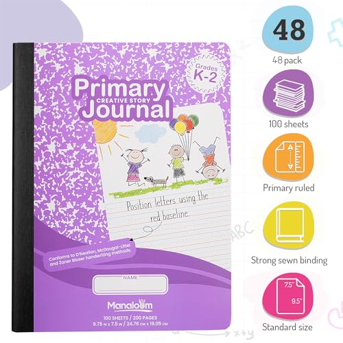 Primary Composition Notebook K-2, Primary Journal Grades K 2, Preschool, 1st Grade, Kindergarten Notebooks, Primary Ruled - 9.75 x 7.50 - Sturdy Covers - 100 Sheets - Assorted Colors (Bulk - 48 Pack) - style: Bulk - 48 Pack