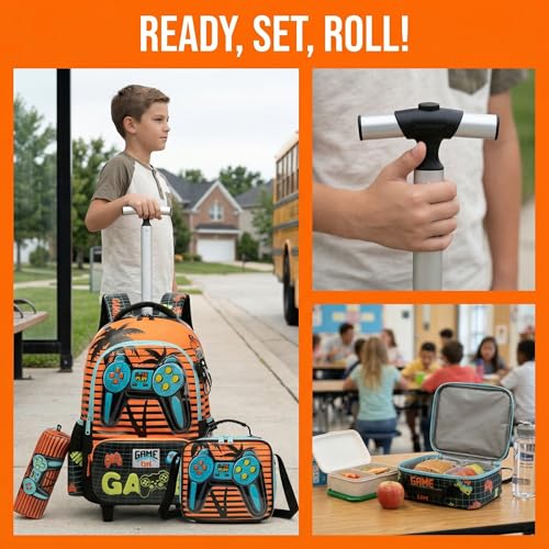 Kids Rolling Backpack for Boys Game Controller Trolley Suitcases Luggage with Wheels Bookbag Wheeled 3pcs Preschool Students Elementary Teenagers Lunch Box Pencil Case Yellow for Age 5-10 - color: Yellow-0201-shoubing