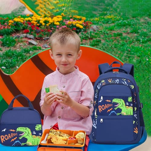 ACESAK Boys Backpack - Dinosaur Bento Box with Insulated Lunch Bag Pencil Case & Utensils Set for Kids, 6 Leakproof Compartments Removable Tray Lunches or Snack Container - color: Dinosaur