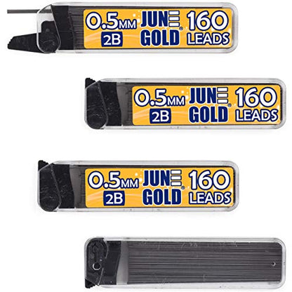 June Gold 0.5 mm, 640 Lead Refills, 2B, 4 Dispensers/w 160 Pieces Each | Fine Thickness, Break Resistant Graphite, Elegant Dispensing Mechanism - color: 2b Graphite, style: 0.5 mm
