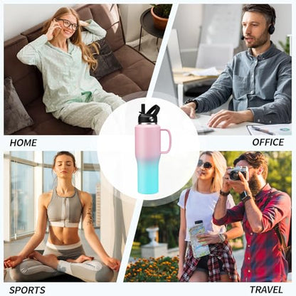 32oz Insulated Water Bottle - with Straw & Spout Lid, Strap Carrier Bag, Cold-48H & Hot-24H, Stainless Steel Travel Cup with Handle, Reusable Slim Metal Water Bottle for Car Travel Cycle Gym - color: Pink&Green, size: 32 ounces with handle
