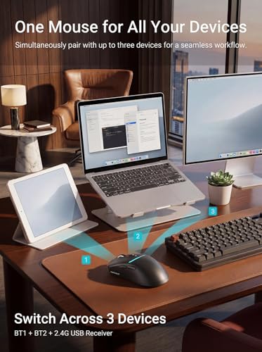 RAPIQUE Bluetooth Wireless Mouse, Dual Bluetooth + 2.4G, Connect Up to 3 Devices, USB-C Rechargeable, Quiet Click, 4 DPI Levels up to 3200, Ergonomic Right-Hand Design for PC, MacBook, Laptop - Black - color: Black