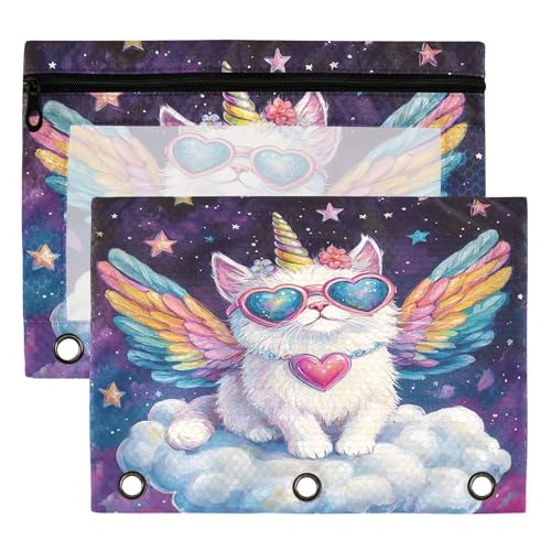 Galaxy Cat Binder Pouches 3 Ring for Boys Girls School Office College Supplies Space Unicorn Pencil Pouches Case Bag with Clear Window and Zipper 2 Pack - color: Cat