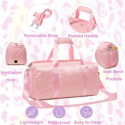 Jumpopack Dance Bag for Girls Duffle Bags Girls Overnight Bag Sleepover Gym Gymnastics Bags with Shoe Compartment and Wet Pocket,Leopard Shape - color: Leopard Pink