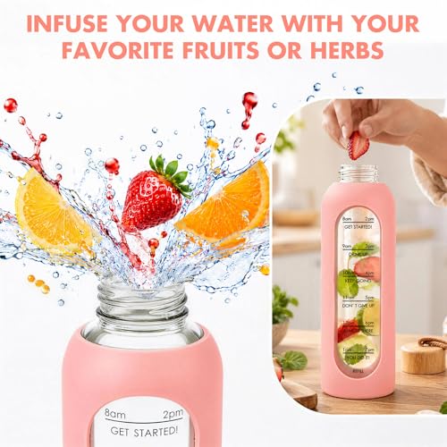 32 OZ Glass Water Bottles, Borosilicate Glass Bottle with Time Marker, 1 Liter Leak Proof Reusable BPA Free Motivational Water Bottles with Silicone Sleeve and Bamboo Lid (Pink) - color: Pink