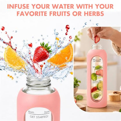 32 OZ Glass Water Bottles, Borosilicate Glass Bottle with Time Marker, 1 Liter Leak Proof Reusable BPA Free Motivational Water Bottles with Silicone Sleeve and Bamboo Lid (Pink) - color: Pink
