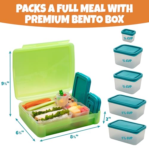 Bentology Bento Lunch Box Set w 5 Leakproof Made-to-Size Snack Containers & Built-In Utensil Holder- Meal Prep Made Easy w Reusable, Kid's Back to School or Office- Durable, BPA Free, Dishwasher Safe - color: Green