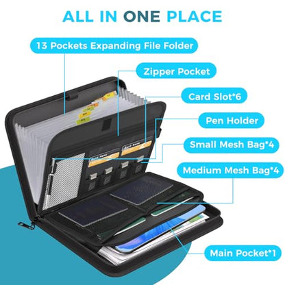 Accordion File Organizer with Combination Lock,Fireproof Expanding File Folder with Multi Pockets,13 Pockets Document Organizer with Handle & Labels,Portable Home Travel Safe Storage Letter A4 Files