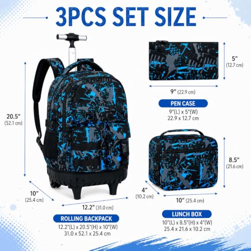 WZLVO 3PCS Wheeled Backpack, Water Resistance Rolling Bookbag for Boys, Roller School Bag Set with Lunch Box & Pencil Bag for Teens & Kids - Spray Blue - color: 3pcs Boys Rolling Backpack - Spray Blue