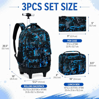 WZLVO 3PCS Wheeled Backpack, Water Resistance Rolling Bookbag for Boys, Roller School Bag Set with Lunch Box & Pencil Bag for Teens & Kids - Spray Blue - color: 3pcs Boys Rolling Backpack - Spray Blue