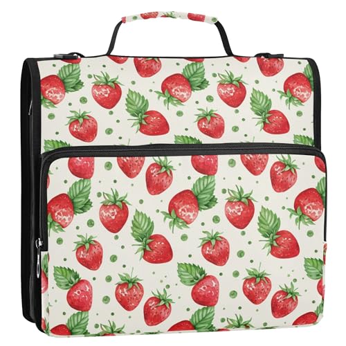Cute Strawberry Zipper Binder 3 Ring with Shoulder Strap, Multiple Pockets Expanding File Folder Binder Bag Organizer