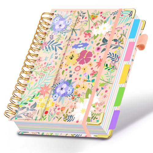 Spiral Journal Notebooks for Work, 300 Pages 5 Subject Notebook College Ruled with Dividers & Tabs, A5 Notebook Journal for Women Students Note-Taking and Organizer (Beige Bloom) - color: Beige Bloom, size: 6.2''x 8.2''