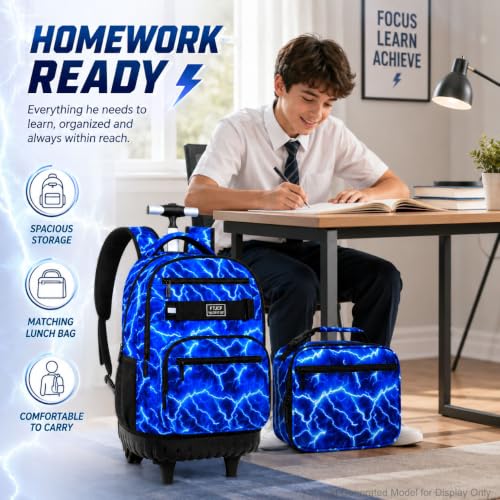gxtvo Rolling Backpack for Boys, Men Roller Bookbag with Lunch Box for Adults, Water Resistant Wheeled School Bag for College Teens Kids Travel - Cool Lightning - color: Rolling Backpack Lightning Blue