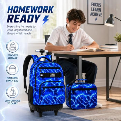 gxtvo Rolling Backpack for Boys, Men Roller Bookbag with Lunch Box for Adults, Water Resistant Wheeled School Bag for College Teens Kids Travel - Cool Lightning - color: Rolling Backpack Lightning Blue