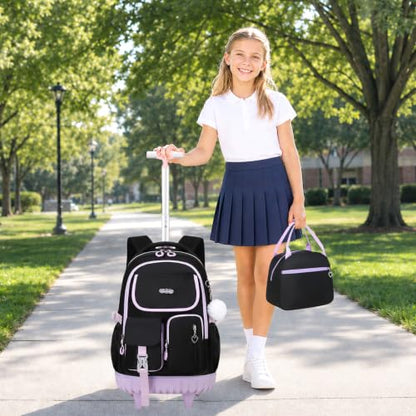 DIGOBAY Rolling Backpack for Girls, Girls Roller Backpack with Lunch Bag and Pencil Case, School Bookbag with Wheels for Elementary Middle High School Travel, Black Purple - color: Black and Purse