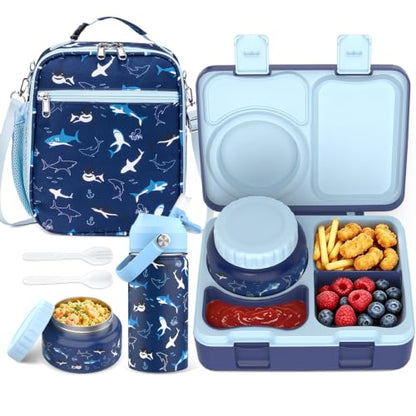 Bento Lunch Box for Kids Adult, Leakproof 3-4 Compartment Bento Box Set with Insulated Food Jar,Water Bottle, Lunch Bag, School Lunch Container for Toddler Teen Girls Boys Ages 3+(Shark) - color: Shark