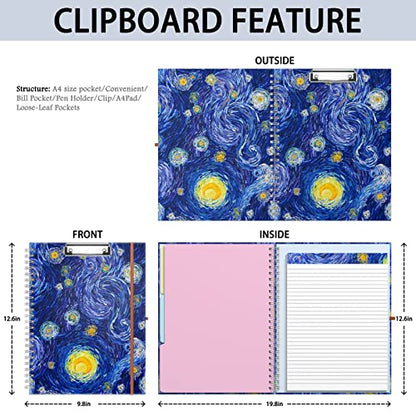 Rimilak Spiral Clipboard Folio with Refillable Lined Notepad, 14.5 x 9.8 In, Hardcover Cover with 5 Interior Pockets, Elastic Band and Pen Loop Series. Cute Stylish Clipfolio, Starry Sky - color: Van Gogh Starry Sky