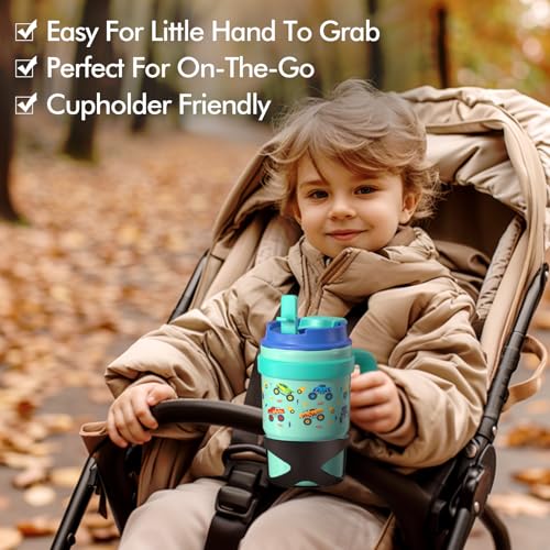 Fimibuke 16oz Kids Insulated Tumbler with Handle & Straws - 2 Pack BPA FREE 18/8 Stainless Steel Toddler Cups with Sip/Swig 2-in-1 Lids, Leak Proof Kid Drinking Cup Travel Mugs for Children Boys Girls - color: B4.Dinosaur & Monster Car