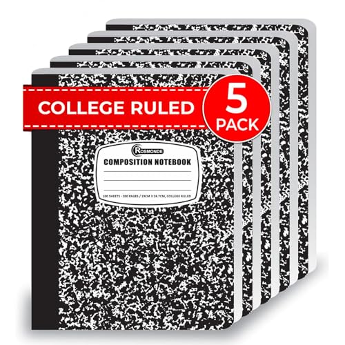 Rosmonde 5 Pack College Ruled Composition Notebooks, Black Marble Notebook | Marble Composition Book, 200 Pages (100 Sheets), 9-3/4" x 7-1/2", Hard Cover, Sturdy Sewn Binding, School & College Supplies - size: 5 Pack, style: Black Marble
