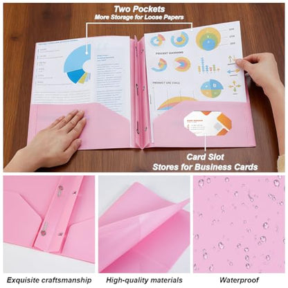 AHANDMAKER 12 Pack Plastic Folders with Pockets and Prongs, Durable 2 Pocket Project File Folders with 3 Prong Fasteners for Letter Size Papers Home School Office Business Use, Pink - color: Pink