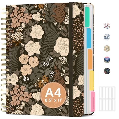 Large Lined Spiral Journal for Women Cute Hardcover 5 Subject Notebook for Work 8.5" x 11" with Removable Dividers & Tabs, College Ruled, 280 Pages Aesthetic Journal for Work, School & Note Taking, Wild Rose - color: E - Wild Rose