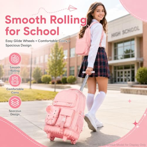 KLFVB Rolling Backpack for Girls, 3PCS Roller Bookbag with Lunch Bag for Kids, Wheeled School Bag for Teen - Pink Ribbon Bow - color: Pink Ribbon Bow Rolling Backpack