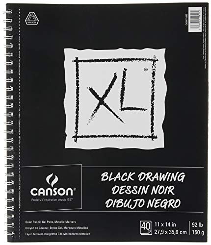 Canson XL Series Drawing Paper, Black, Wirebound Pad, 11x14 inches, 40 Sheets (92lb/150g) - Artist Paper for Adults and Students - Colored Pencil, Ink, Pastel, Marker - size: 11x14