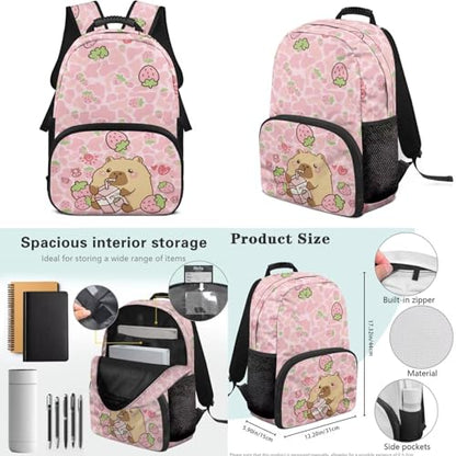 17 Inch Kid's 4PCS Backpack Set, Back to School Essentials | Insulated lunch box, water bottle pouch, pencil case, lightweight, padded shoulder straps, for elementary, middle school - color: Strawberry Capybara
