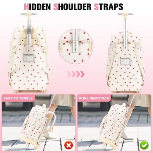 ACESAK Rolling Backpack for Girls - Roller Wheels School bag with Lunch Bag & Pencil Pouch for Teen Girls Kids Wheeled Suitcase Backpacks, Elementary Middle School Travel Daypack (Beige Strawberry) - color: Beige Strawberry