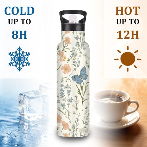 Wildflowers Butterfly 20 oz Insulated Water Bottles Plants Stainless Steel Thermal Bottle Leak Resistant with Straw Twist Cap and Handle for Sports Coffee Mug Cup - color: Wildflowers Butterfly,Plants
