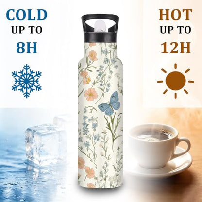 Wildflowers Butterfly 20 oz Insulated Water Bottles Plants Stainless Steel Thermal Bottle Leak Resistant with Straw Twist Cap and Handle for Sports Coffee Mug Cup - color: Wildflowers Butterfly,Plants