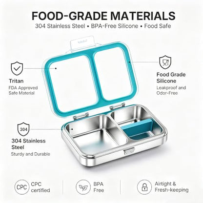 Leak-Resistant 18/8 Stainless Steel Bento Lunch Box Kids 7+ and Adults | 2 Swappable Style Accessories, BPA-Free Tritan Lid, Dishwasher Safe, School, Office & Travel - color: Cyan