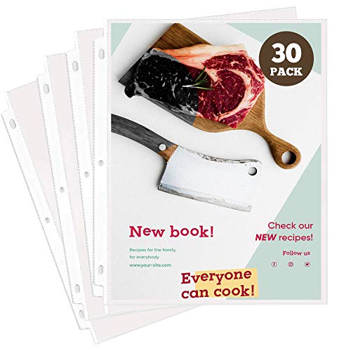Heavy Duty Recipe Page Protectors | 30 Clear Refill Sheets | 8.5 x 11 Inch Paper Sleeves | Acid-Free Plastic | Reinforced Holes for 3-Ring Binders | Spill-Resistant