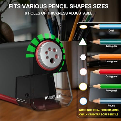 Heavy Duty Electric Pencil Sharpener S280, 6-Hole for Classroom Use | Auto Stop, 3s Sharpening, Dual Cutter, Large Shavings Bin, Safety Switch, Non-Slip Feet, 6-12mm,Office/Home Pencil Sharpener