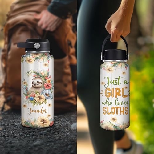 Hyturtle Personalized Sloth Water Bottle - Custom Name Insulated Stainless Steel Bottle with Leak-Proof Lid 18oz 32oz - Animal Lover Gift for Women Girls Sloth Lovers - Birthday & Christmas Gift - color: Sloth