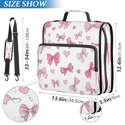 Caikeny 3 Ring Zipper Binder Pink Bows Hearts White 1.5 inch Binders Bag Expanding File Pockets with Shoulder Strap and Handle - color: Multicolored 1z83.10