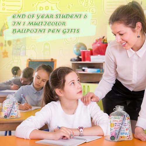 24 Set Graduation Gift Bulk End of Year Student Gifts 6 in 1 Multicolor Ballpoint Pen and Mini Compass with Cards and Organza Bags Classroom Gifts for Pre K Kindergarten
