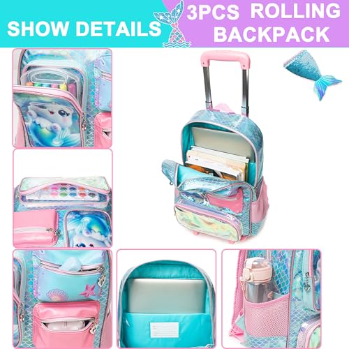 Meetbelify Cute Cat Rolling Backpack for Girls Backpack with Wheels for Elementary Student Kids School Bag with Lunch Box Pencil Case for Girls Ages 6-8 Years Old - color: Cat Mermaid