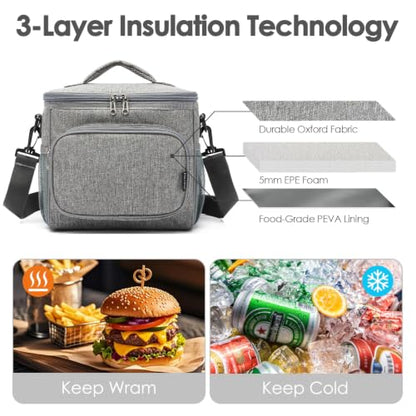 FlowFly Insulated Reusable Lunch Bag Adult Large Lunch Box for Women and Men with Adjustable Shoulder Strap,Front Zipper Pocket and Dual Large Mesh Side Pockets,Grey - color: Gray