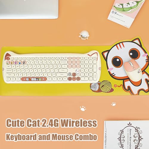 Cute Cat 2.4G USB Wireless Keyboard and Mouse Combo, Silent Keys, Candy Colors, Compatible with Notebook, PC (MilkTea-110Keys) - color: MilkTea-110Keys