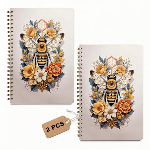 2 Pcs Vintage Floral Bee A5 Spiral Notebook, 160 Pages Journal Notebook | Cute Animal College Ruled Notebooks, Spiral Notepad, Hardcover Journals for Writing Office, Bee Lover Gifts for Women - color: Multicolour 0007